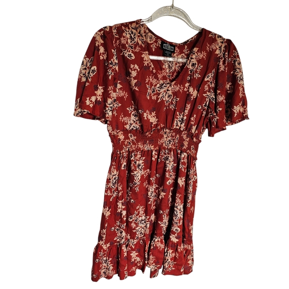 Angie Boho red rust mini dress V‎ neck bell sleeves smocked Small